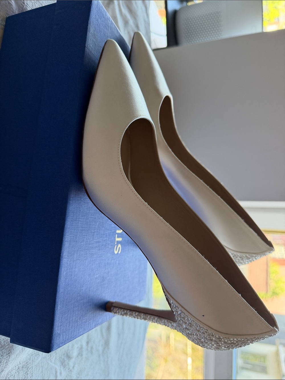 Stuart Weitzman White Bridal Pointed-Toe Pumps with Crystal-Studded Heel